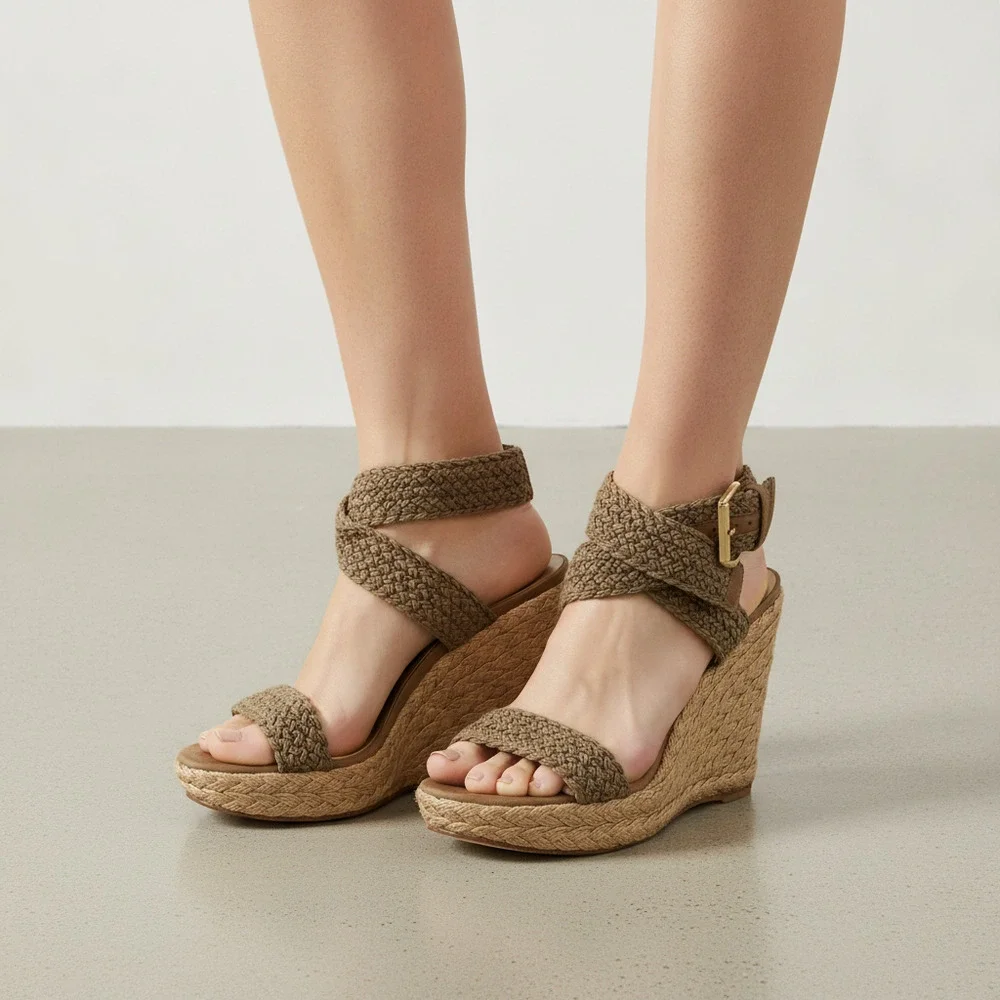 Stuart Weitzman Brown Woven Espadrille Wedge | Leather, Size US 10